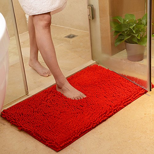 ele Eleoption - Tappeto morbido per cucina, ingresso, pavimento, bagno, antiscivolo, assorbente, modello Shag 60 x 90 cm rosso