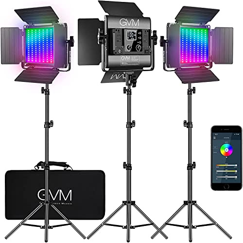 GVM LED Video Light avec Trépied, 800D RGB Studio Light APP Control, Kit de Lumières de Film pour Youtube et Photographie - 3 Packs Panel avec 8 Effets Lumineux