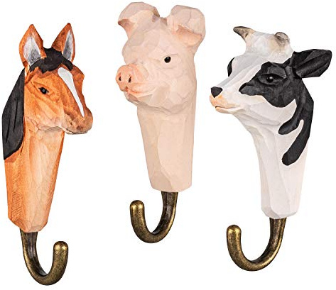 your castle 3 Wandhaken Garderobehaken Kleiderhaken aus Holz Bauernhof: Pferd, Kuh und Schwein, mit Metallhaken handgearbeitet 12cm