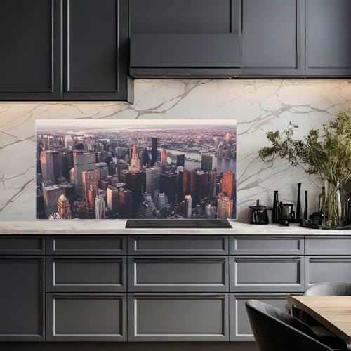 banjado Küchenrückwand Glas ohne Bohren 120x60cm – Glasrückwand Küche mit Motiv Skyline/Spritzschutz Küchenrückwand Glas/selbstklebende Küchenrückwand Platte - magnetisch & beschreibbar