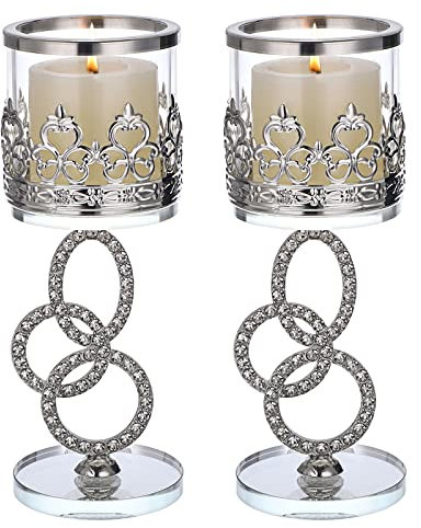 Tolida Crystal Glass Tea Light Votive Candle Holder Set of 2 Decorative Clear Glass Aromatherapy Candle Holder for Wedding Birthday Christmas Halloween Party, 18cm, Silver