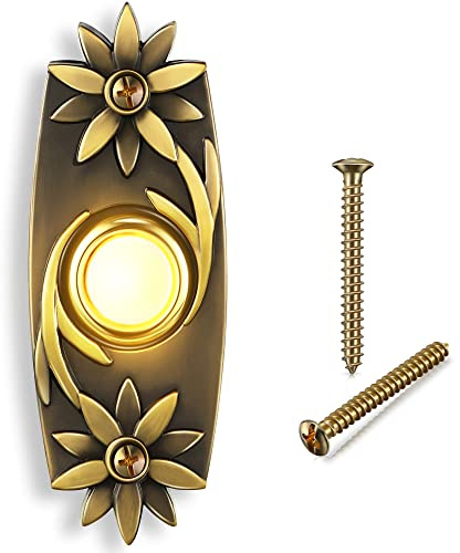Dreyoo Lighted Metal Doorbell Push Button, Universal Garage Door Opener Switch with LED Light Compatible with Most Wire Doorbell Chimes, Transformer, Ringers, Property in Copyright (Antique Brass)