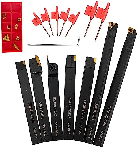 21 pezzi Tornio Carburo Utensile per Tornitura Porta Utensili Tornitura Carburo Multifunzionale Supporto Alesatore in Metallo con Inserto di Carburo Chiavi per Tornio Utensili Strumento Tornio 12mm