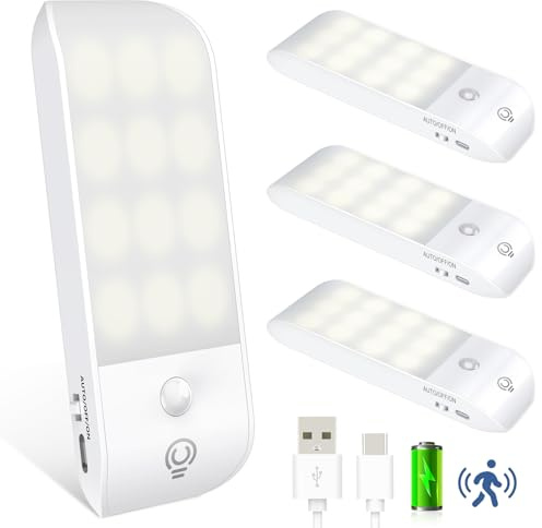 Detake Motion Sensor Lights [4 Pack] Type C Rechargeable Night Lights | with 3 Lighting Modes - Natural White Stick-On Light with Magnetic Strips for Cupboard