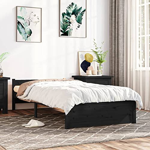 Gecheer Massivholzbett Holzbett Komfortbett Bettrahmen Seniorenbett Doppelbett/Einzelbett Jugendbett Landhausbett Gästebett Betten Bett für Schlafzimmer, mit Kopfteil, Schwarz 90x200 cm