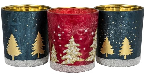 khevga Windlicht Weihnachten Winter aus Glas im Set Schwarz Weiß Gold Silber (Blau_Rot_Tanne, 3er Set)