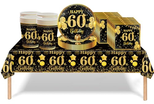 53Pcs Black Gold 60th Birthday Party Tableware Decorations - Table Cloth, Plates, Napkins, Cups Sets for Women, Him, Men - Birthday Table Decor and Gifts Dinnerware
