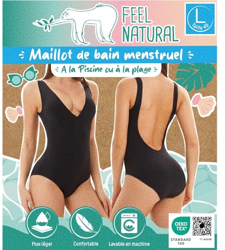 Feel Natural Bañador Menstrual Negro 1 Pieza – Talla L Bañador para Mujer y Adolescente – Lavable – Antifugas – Comodidad higiénica – Protección Absorbente – Flujo Ligero