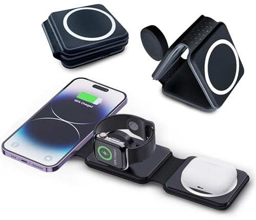 Hd-line 3 in 1 Caricatore Magnetico Senza Fili Caricatore Pieghevole Compatibile con iPhone 15 14 13 12, Apple Watch Ultra 9/8/7/6/5/4/3/2/SE/AirPods 2/3/Pro, Caricatore Rapido Nero
