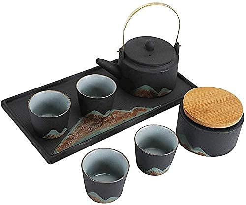 Teiera in ghisa con infusore, set di tazze da tè in porcellana e ceramica, teiera in stile giapponese con manico e set di tazze, adatta per casa e ufficio, sala da tè in giardino (nero, taglia unica)
