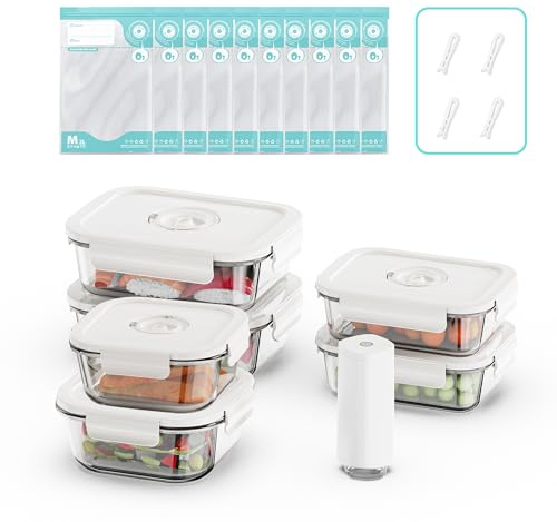 Domsanistor Vakuum-Frischhaltedosen aus Glas, 6 Behälter mit 10 Sous-Vide-Beuteln/1 automatische Pumpe, Mahlzeiten-Vorbereitungsbehälter mit luftdichtem Verschlussdeckel für Mittagessen