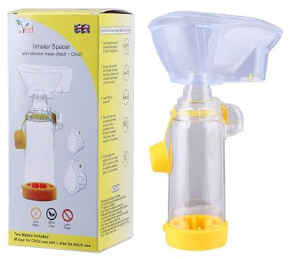 Espaciador de inhalador con máscara de silicona (adulto + niño), dispositivo espaciador antiestático, cámara de inhalador, uso con inhalador de dosis medida, libre de BPA y látex. (Amarillo)