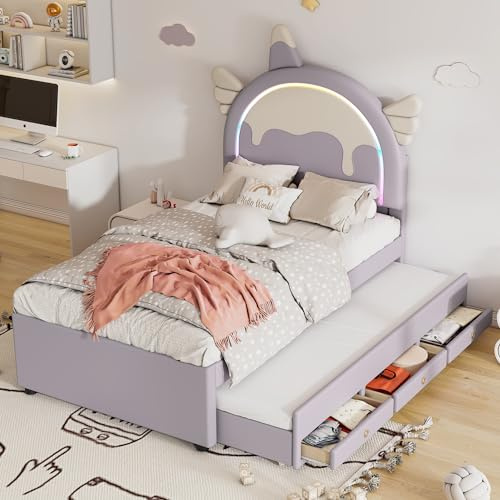 Merax Kinderbett 90x200 Polsterbett mit LED, Einzelbett Bettgestell mit Lattenrost und Cartoon Kopfteil, Kinderbett Mädchen mit Ausziehbarem Bett & 3 Stauraum Schubladen, PU, Violett, Ohne Matratze