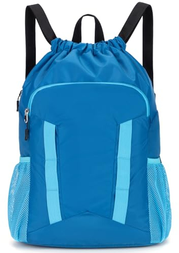 Veious Drawstring Backpack for Kids Sports Gym Bag with Shoes Compartment, Water Resistant Beach Swim Bag String Backpack for Boys and Girls, Blue
