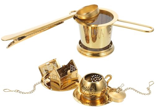 OFFSCH Colador De Té Doble Asa 304 Acero Inoxidable Dorado Infusor Práctico Para Té Suelto Filtro Fino Reutilizable Para Hogar y Oficina Set Completo