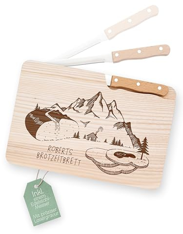 Abenteuernah Brett mit Messer personalisiert, Fahrrad Geschenk, Geschenke für Männer, Messerbrett, Gift for him, Home gift, ideales Geburtstagsgeschenk für Papa Opa Onkel (Berglandschaft mit Name)