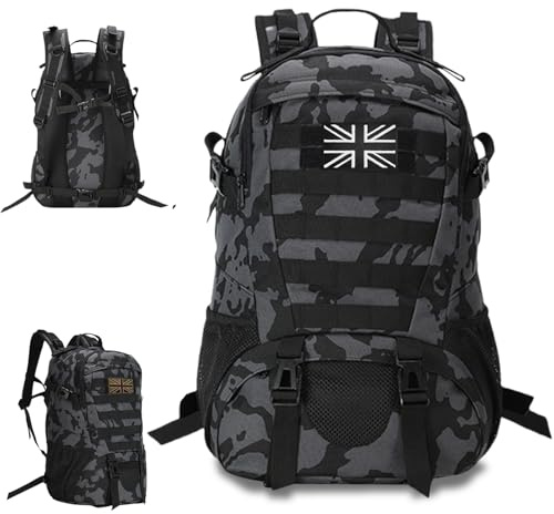 VIHARYEM Sac à dos tactique militaire Molle 30 l Sac à dos d'assaut de l'armée Sac à dos pour ordinateur portable randonnée randonnée chasse Sac à dos noir avec 2 patchs drapeau et porte-bouteille
