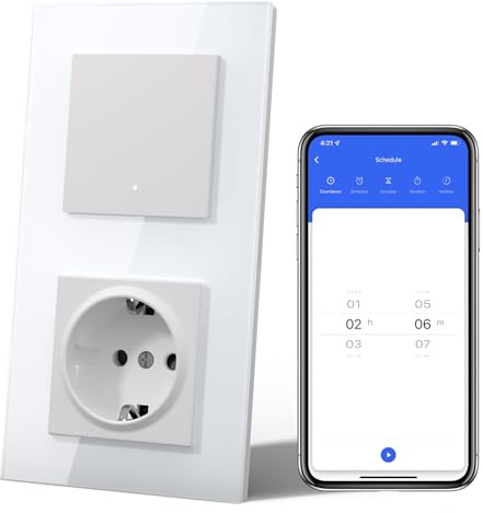MVAVA Alexa Lichtschalter mit Steckdose, Wlan Smart Lichtschalter Unterputz Glas Kompatibel mit Alexa/Google Home, Neutrale Leitung Benötigt