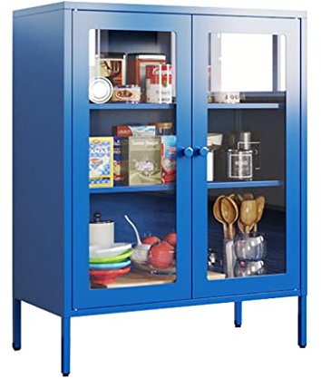Double-Door Storage Cabinet, Iron Sideboard/Cupboard/Wine Cooler, 3-Layer Storage Unit for Kitchen and Living Room, Glass Cabinet Doors