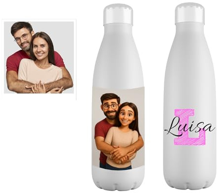 Mookase Botella Personalizada con Retrato Animado 3D y Nombre - Botella de Acero Inoxidable de 700ml - Regalo Original con Ilustración Estilo Película de Animación para Parejas.