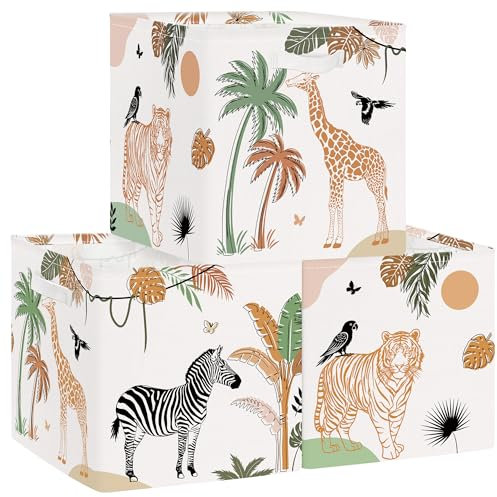Clastyle Set di 3 Scatole Portaoggetti Animali Giungla Cubo di Stoccaggio per Armadio Vestiti Cesto Scaffali Bambini Scrigno dei Giocattoli e Libri per Scuola Materna,Tigre,30x30x30 cm