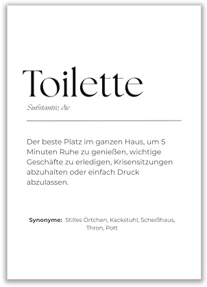 WBdesignz Lustiges WC-Poster – „Toilette – Substantiv, die“ Definition mit Synonymen – Humorvolle Typografie-Wanddeko für Gäste-WC, Toilette oder Badezimmer (DIN A4) – ohne Rahmen