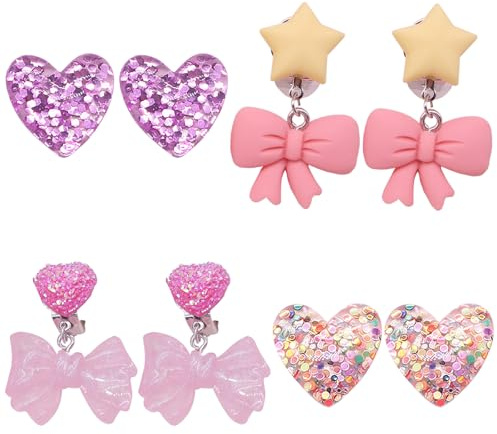 YCHYAN 4 Paia di Orecchini Clip Senza Buco Bambina, Orecchini Senza Buco in Resina, con Cuscinetti in Morbido Silicone, Materiale Sicuro e Anallergico, Adatti a Bambine Senza Piercing Alle Orecchie
