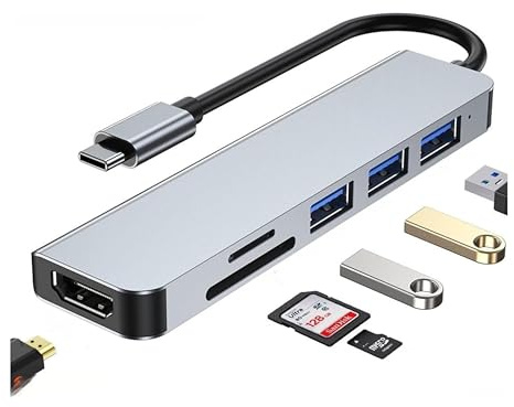 TEKVO 6-in-1 USB C Hub Docking Station - Type-C to HDTV 4K Adapter, USB 3.0, USB 2.0, PD Charging, SD/TF Card Reader - Compatible with MacBook, Lenovo, Chromebook, ASUS, Dell, HP, More