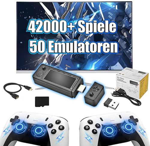 X9 Pro Retro Konsole Spielkonsole mit Wiederaufladbarem Griff,42000+ Spiele 50 Emulatoren 4K Game Stick für TV,Emuelec 4.3 System,Spiele suchen,Tragbare Videospielkonsolen,Plug and Play (128G)