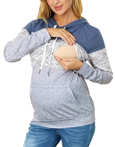 Umstandsmode Stillpullover & Umstandspullover Stilltop Stillpulli Winter Sweatshirt Hoodie Taschen für Schwangerschaft Kapuzenpullover Nursing Stillshirt Warm Sweatshirt Still Pullover mit (Blue, XXL)