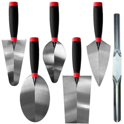 Hubaow 6 Pieces Masonry Hand Tool Set, Bricklaying Tools Includes Brick Trowels, Pointing Trowel, Bucket Trowels, Gauging Trowel & Convex Brick Jointer, Great Tool for Concrete, Cement, Plaster, Tile