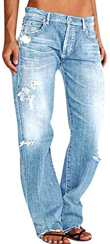 Generisch Jeans Damen Weite High Waist Jeanshose Weitem Elastischem Jean Essentials Cargo Boyfriend Dreiviertel Denim Damenhose