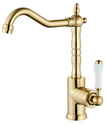 Brushed Gold Brass Kitchen Sink Faucet Single Handle Bar with 360° Swivel Long Curve Spout High Arc Bathroom Farmhouse YIGUANXIN