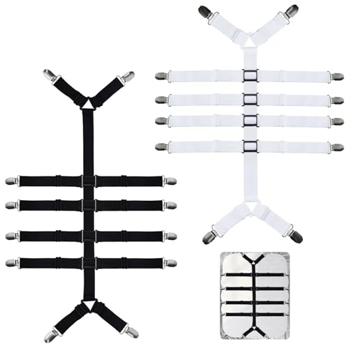 Piuluvor® Lot de 2 tendeurs de draps réglables, noir et blanc | Tendeur de drap élastique avec clip en métal, sangles de serrage pour drap de lit, matelas, canapé