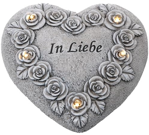 Annastore Besinnliche Grabdeko zur Erinnerung, frostfest und witterungsbeständig Grabschmuck - Grabfigur - Friedhof Deko (Grabdeko Herz mit Licht - 17 x 17 x 7,5 cm)