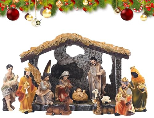 Ensemble de Crèche avec Figurines, Décorations de Crèche de Noël, Décorations de Scène et Figurines, Étables, Mangeoire de Jésus pour Décoration de Noël à la Maison