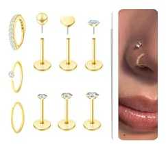 9 st titan näsring dubbset, allergivänliga guld näsa piercing smycken för kvinnor män silver trådlösa tryck in platt baksida örhängen dubbar liten liten näsa ring ring helix tragus piercing gåva