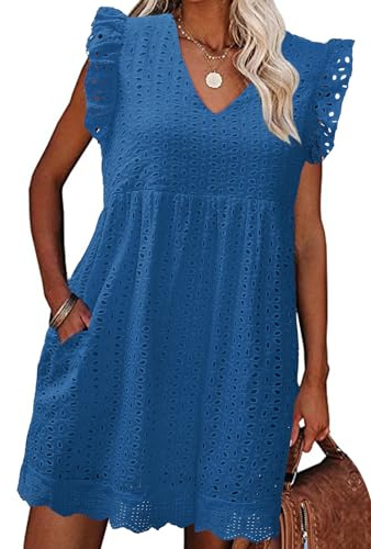 heekpek Abito Estivo Donna Cotone Scollo a V Vestito Corto Donna Senza Maniche con Volant Comodo e Leggero Abiti Jacquard Casual Abito Mare da Spiaggia con Tasche, Blu, S