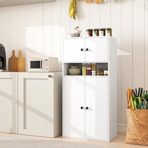 GIANTEX Librería de Pie con 4 Puertas, Estantería de Almacenamiento con Estante Ajustable y Compartimento Abierto, 54 x 30 x 111 cm, Mueble Auxiliar para Salón, Cocina, Baño (Blanco)