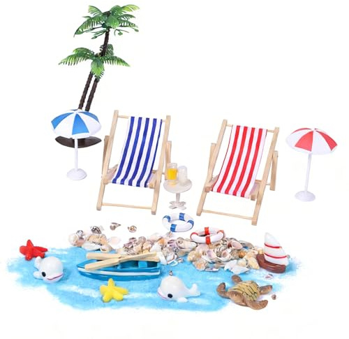20-teiliges Set Strand-Mikrolandschaft, Mini-Stranddekoration mit Liegestuhl, Kleiner Palme und Sonnenschirm, DIY-Set als Deko für Garten, Aquarium oder als Geschenk