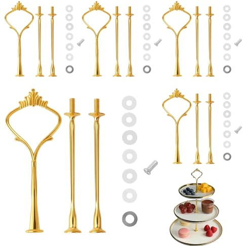 5 Stück Etageren Stangen Set Für 3 Etage Gold, Metall Universelle Etageren Stangen Bausatz Metallstangen für Torte Cupcakes Macarons Donut und Obst