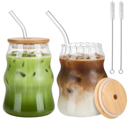 AOQCFS 2 Stück Matcha Gläser Set 530ml Bubble Gläser mit Deckel und Strohhalm, Gerippte Kaffeegläser Latte Macchiato Gläser, Eiskaffee Becher, Smoothie Gläser mit Glasstrohhalm und Bürste