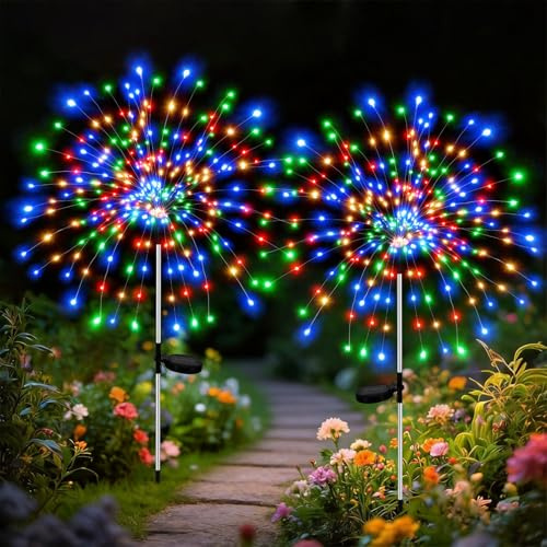 300 LEDs x 2 Pack Garden Solar Lights, Solar Lights Outdoor Garden Waterproof, Firework Solar Lights 8 Modes, Colourful Starburst Lamp Decorative for Patio, Lawn, Pathway, Flower Bed, Balcony, Party