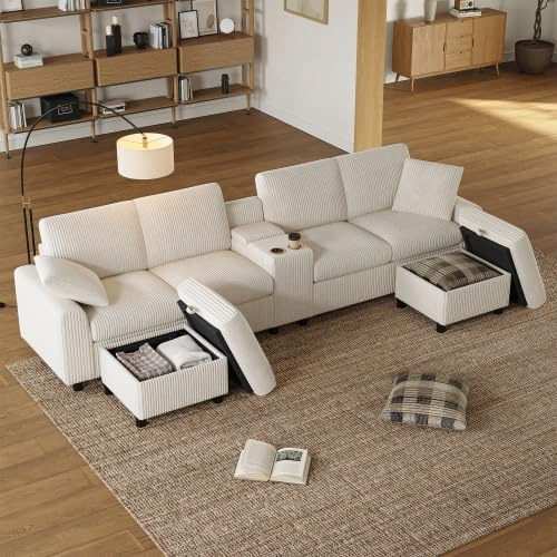 Muskel 315cm U-förmiges Cord Sofa mit Stauraum, Wohnlandschaft mit 2 Hockern, Couchtisch mit Getränkehaltern, USB-Anschluss, Steckdosen & Type-C Ports, Großes Wohnzimmer Sofa Stoffsofa ，Beige