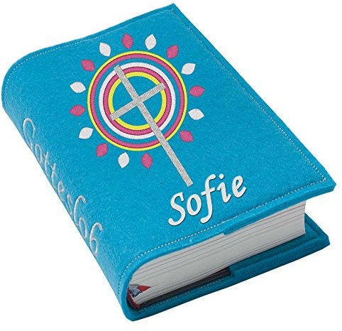 Gotteslob Gotteslobhülle Hülle Kreuz 3 pink Filz mit Namen bestickt Einband Umschlag personalisierte Gesangbuchhülle, Farbe:türkis