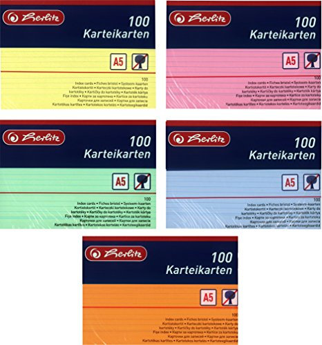Herlitz Karteikarten A5, 170 g/m², holzfrei, 100er Packung, liniert (Gemischte Farben, 5 Packungen)