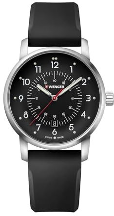 WENGER Herren Armbanduhr Avenue Ø 42 mm, Swiss Made, Analog Quarz, Wasserdicht bis 100 m, Silikon-Armband, Schwarz, 01.1641.115