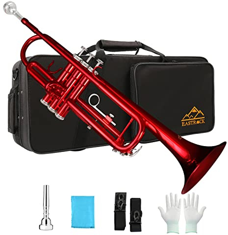 EASTROCK Bb Trumpet Standard Trumpet Set with Carrying Case,Gloves, 7C Mouthpiece and Cleaning Kit (Red)