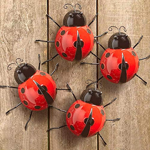 Lot de 4 coccinelles en métal pour décoration murale de jardin - Sculptures murales et statues mignonnes - Décoration extérieure - Pour cour, pelouse, porche, clôture