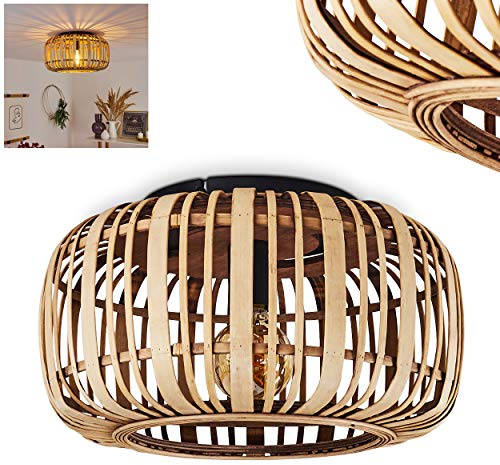 HOFSTEIN Deckenleuchte Mongolei, Deckenlampe aus Holz/Metall in Naturfarben/Schwarz, Leuchte im Boho/skandinavischen Design, Lichteffekt durch Gitter-Optik, Ø 40 cm, E27, Wohnzimmer, Esszimmer, Küche